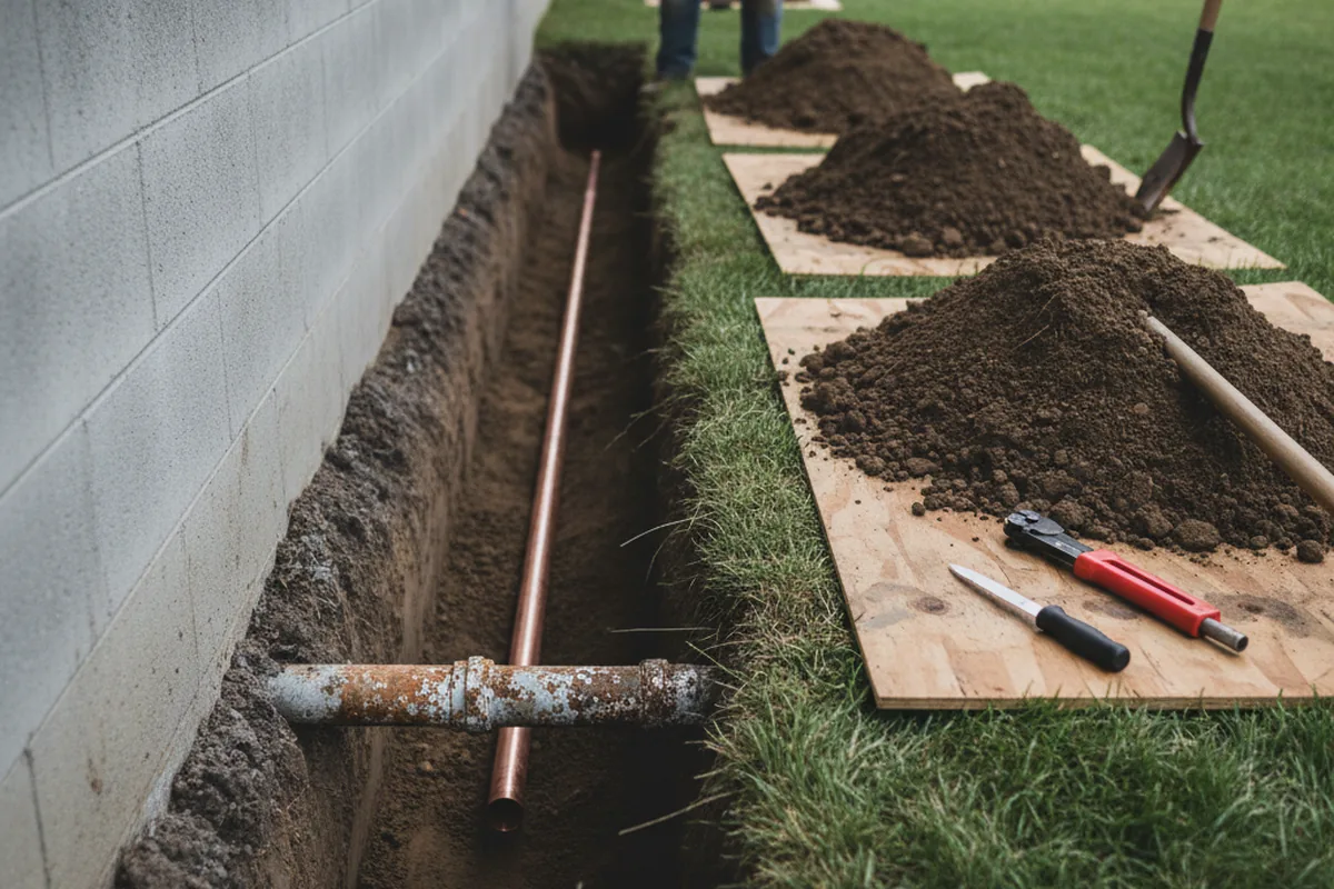 Excavated water line trench during Sewer Line Repair in Ronan